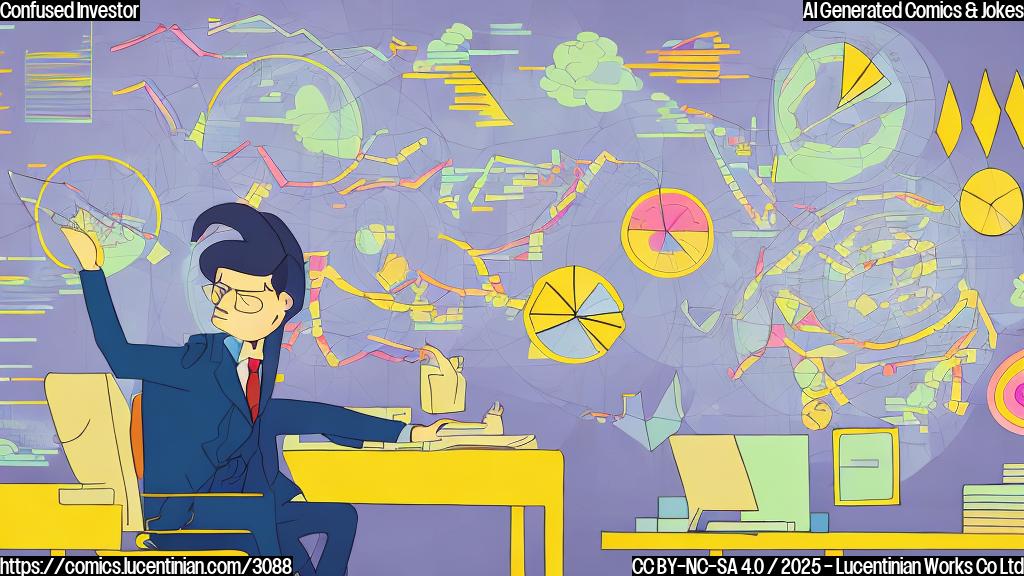 A cartoon of a person in a suit sitting at a desk looking confused surrounded by colorful graphs and charts in a plain color style. The background is a plain yellow color