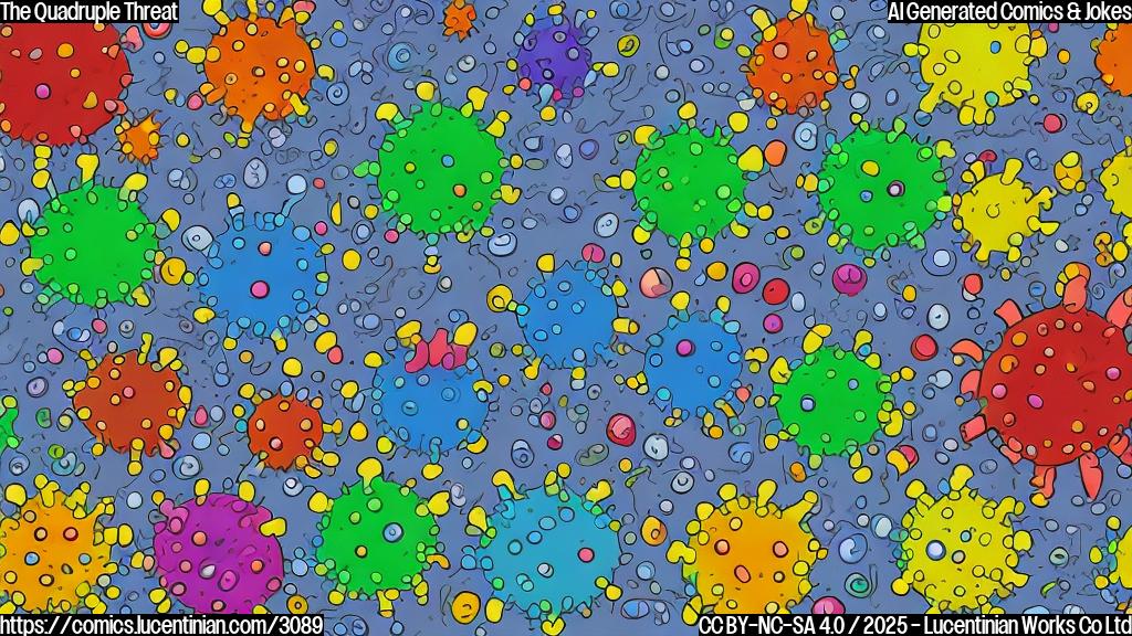 A cartoon drawing in plain colors, depicting a crowded emergency room.  Four distinct, cartoonish viruses representing influenza (a blue virus with a tiny crown), RSV (a red virus with tiny spikes), COVID-19 (a green spiky virus) and norovirus (a yellow virus with a swirl). They are depicted partying around a chaotic scene of cartoon hospital beds with ill cartoon people. The style is simplistic and slightly humorous.