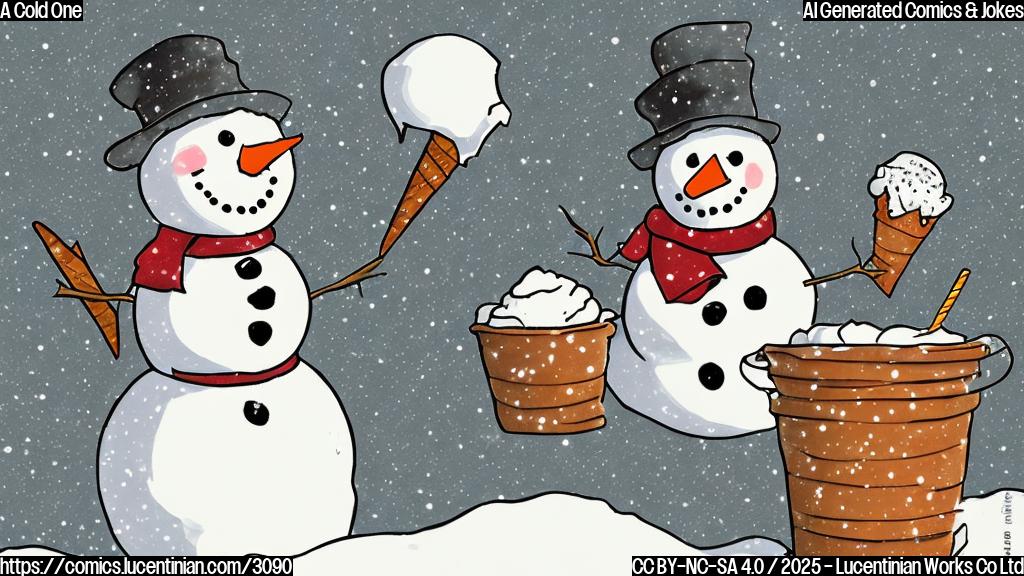 A simple cartoon of a snowman in a factory worker outfit with a sad expression and a background of ice cream containers and snow