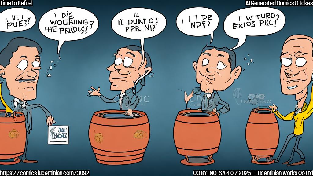 A cartoon drawing of two oil barrels talking to each other with speech bubbles. One oil barrel is saying "Did you hear about the new sanctions?". The other oil barrel is saying "Let's pump up the prices!". Simple background. Plain color style