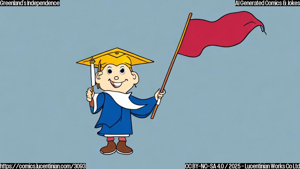 A cartoon drawing in plain colors of a happy ice floe wearing a graduation cap and gown, waving a flag with an icy mountain on it.  The background is a simple light blue, representing the ocean.