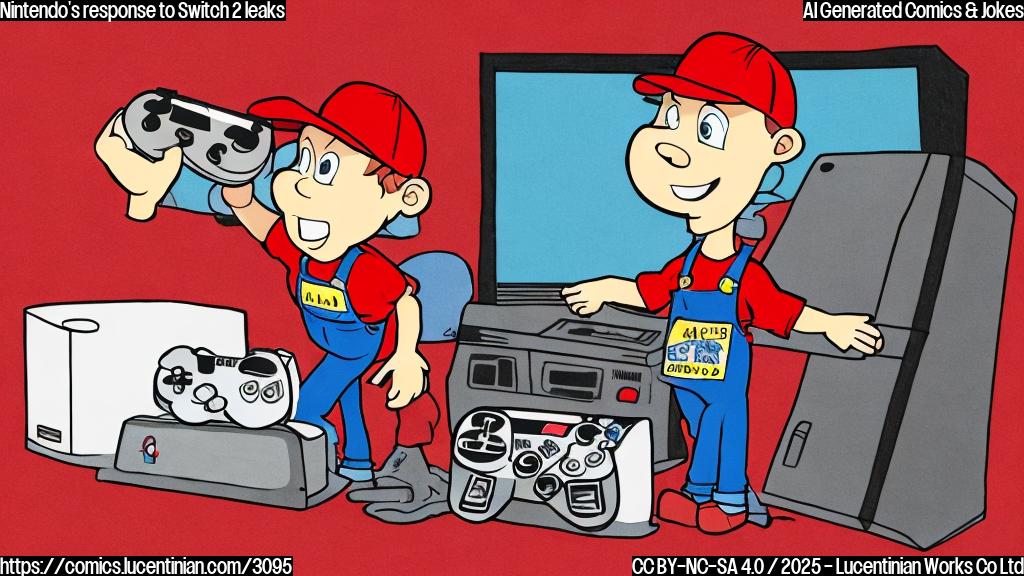 A simple cartoon drawing of a person in a red cap and overalls, who is trying to hide behind a giant game console. The person is holding a finger to their lips to symbolize "shhh". The background is plain white. The drawing is made in plain color and is in a flat style.