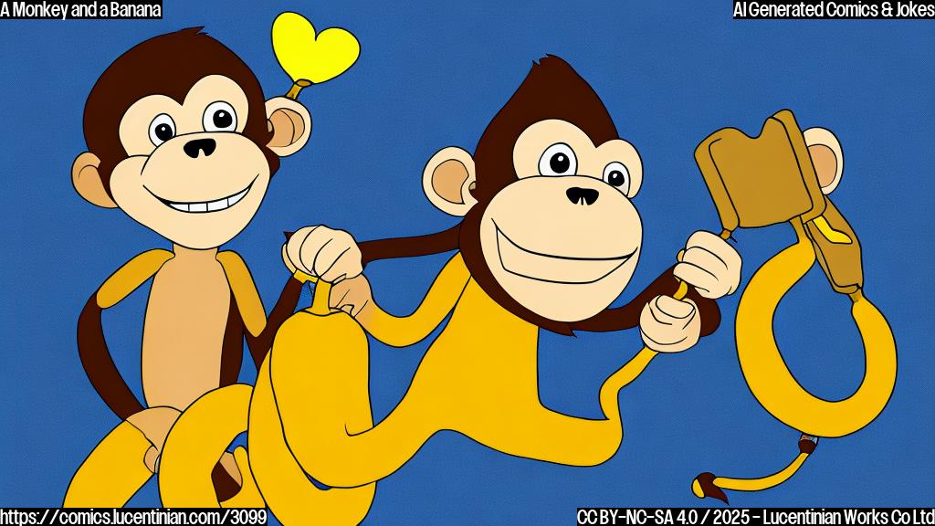 A cartoon drawing of a monkey with a banana, in a plain color style.  The monkey is wearing a tiny Wall Street suit and holding a key.