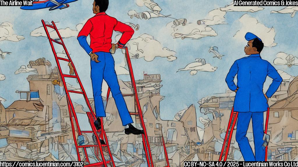 A cartoon of a person in a blue jacket and red pants standing on a ladder and looking at a airplane