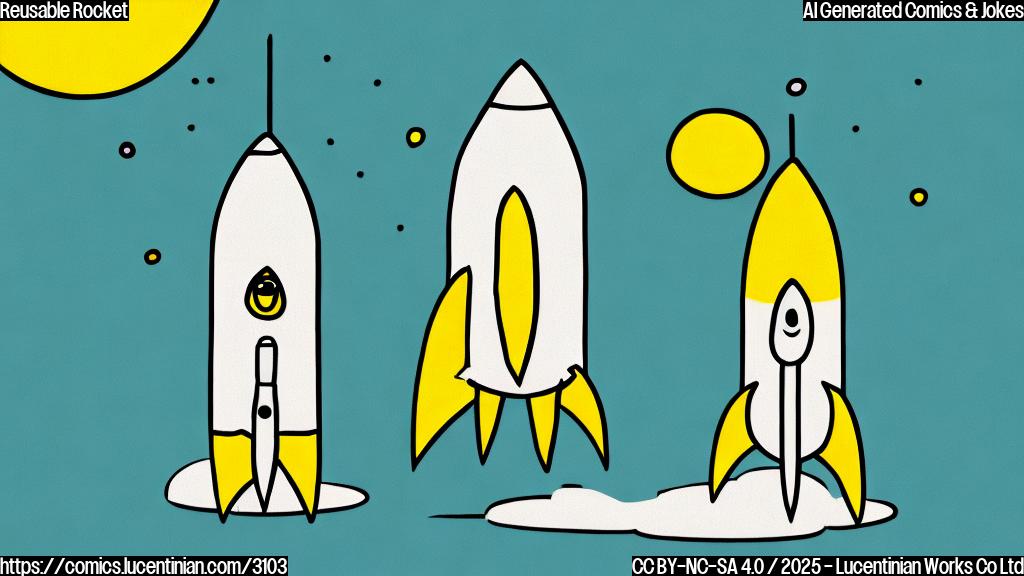 A cartoon drawing of a simple rocket with a worried face, saying "I've been here before!" in a speech bubble. Simple background, plain colors.