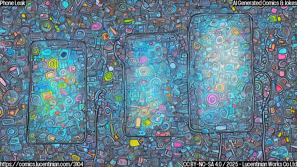 A simple cartoon drawing of a smartphone with a worried expression sweating profusely, surrounded by several images emerging from cracks in its screen. The colors should be limited to shades of blue and gray, including background.