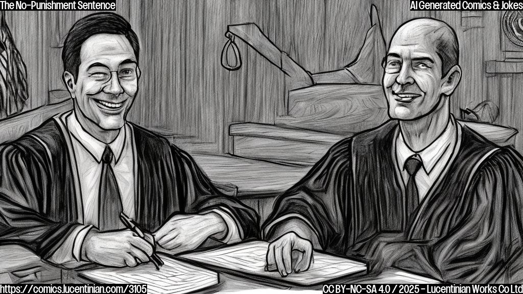 A cartoon drawing in a plain color style shows a judge with a stern expression but a slight smile on the corner of his mouth behind his bench.  A defendant, depicted in a suit, smiles broadly.  The setting is a courtroom.  There are gavel and scales of justice. The judge is wearing his robes. The background is plain and the style is simple without many details. The focus should be on characters’ expressions