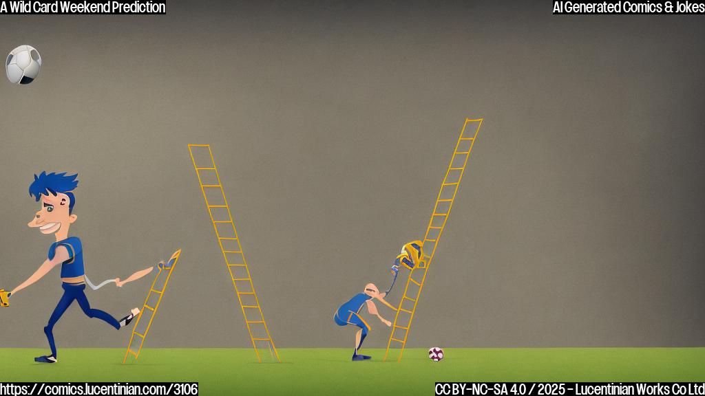 A cartoon drawing of a football player in a simple color scheme, carrying a ladder next to a giant football stadium. The style should be plain and child-like.