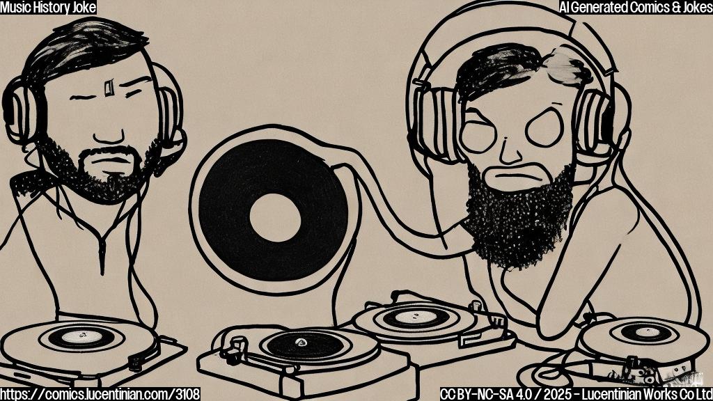 A simple cartoon drawing in plain colors of a sad-looking DJ and a record player with exaggerated sad expressions, next to each other. They are both wearing headphones.