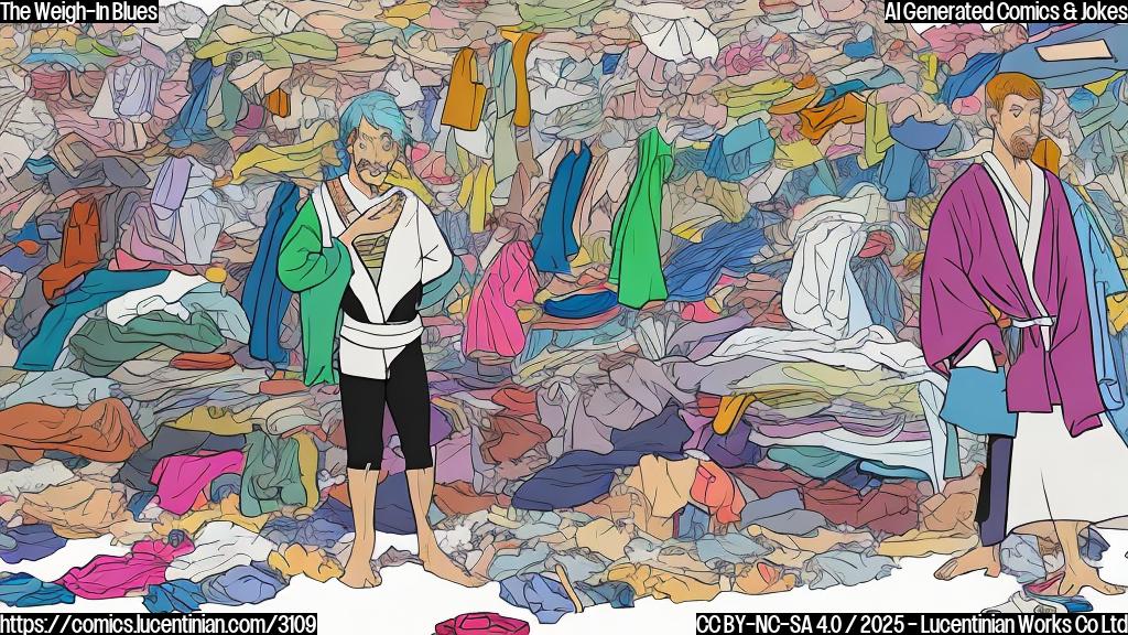 A cartoon drawing of a fighter in a robe looking stressed while surrounded by a pile of clothes of various colors and styles. The style should be a plain color cartoon.