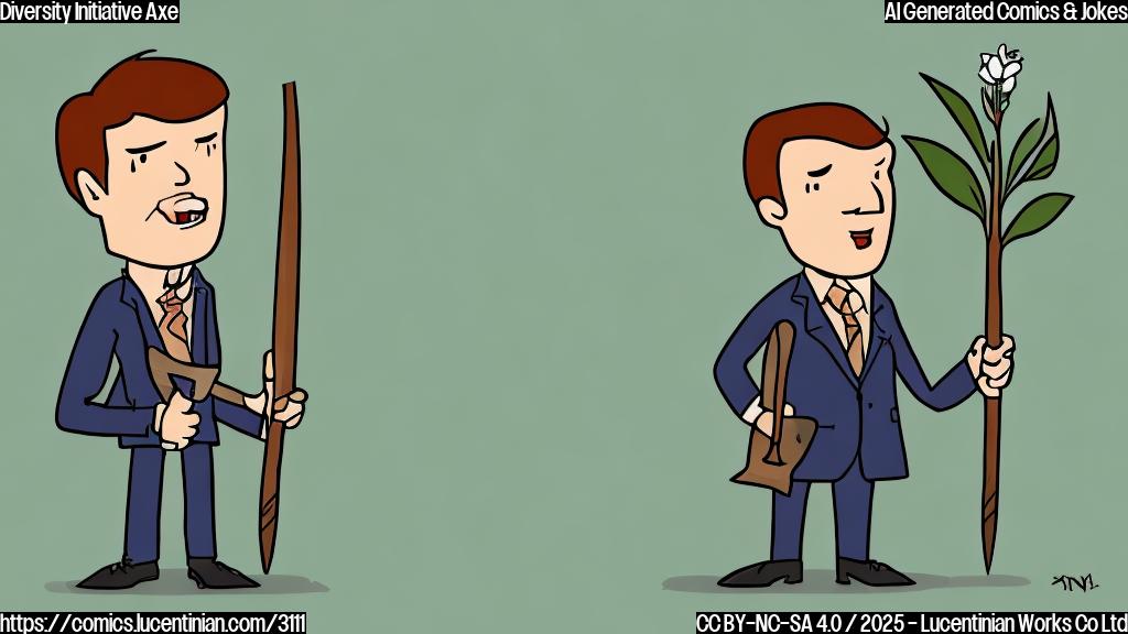 A cartoon drawing in plain color style of a person in a suit holding an axe next to a plant labeled "Diversity Initiative" with an "X" over it. The background is plain.