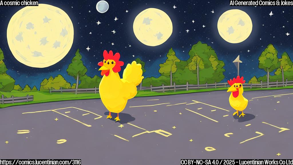 A cartoon chicken crossing a road at night, under a bright full moon. Simple lines, plain colors, no background. The chicken is wearing a small astrological chart around its neck.