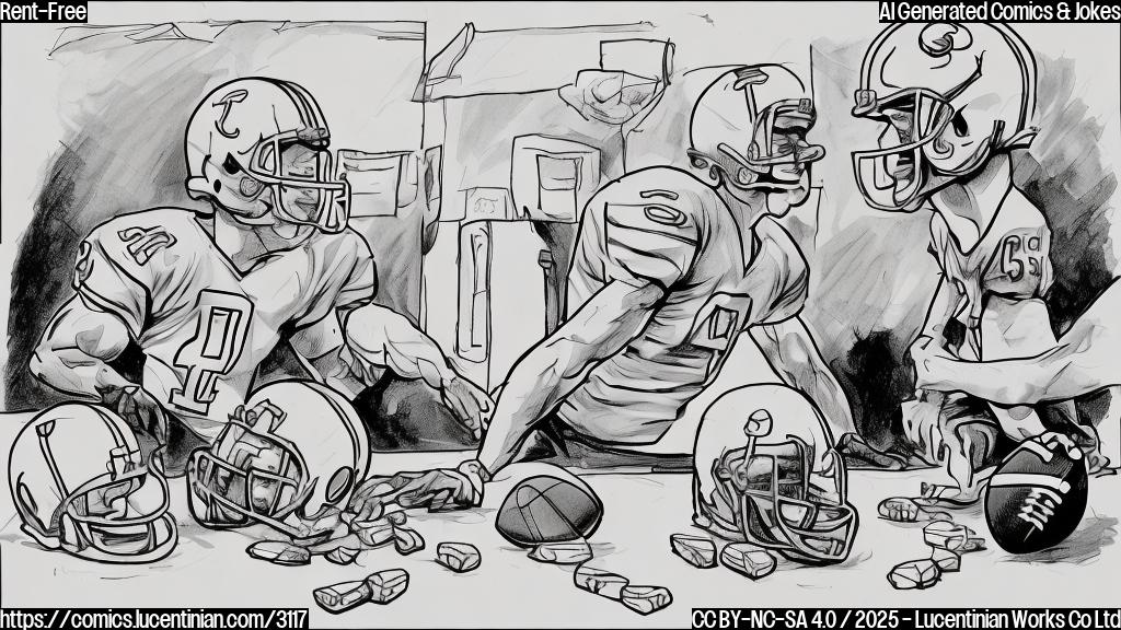 A cartoon drawing in plain colors of two roommates: one is a muscular football player wearing a helmet and uniform, the other is a thinner, slightly less muscular man wearing a quarterback's uniform. The football player is smiling and pointing to a football lying on the floor between them; the quarterback is looking upset. Background is a minimalist apartment room. The style should be simple and straightforward