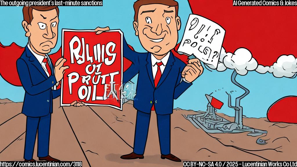 A cartoon illustration in plain colors, showing a slightly grumpy-looking person in a suit (the outgoing president) holding a large, red 'STOP' sign in front of an oil pipeline, with a smaller, frustrated-looking person in a suit (the incoming president) behind him. The background is a simple, plain blue. The illustration should be simple and humorous, not detailed or complex.