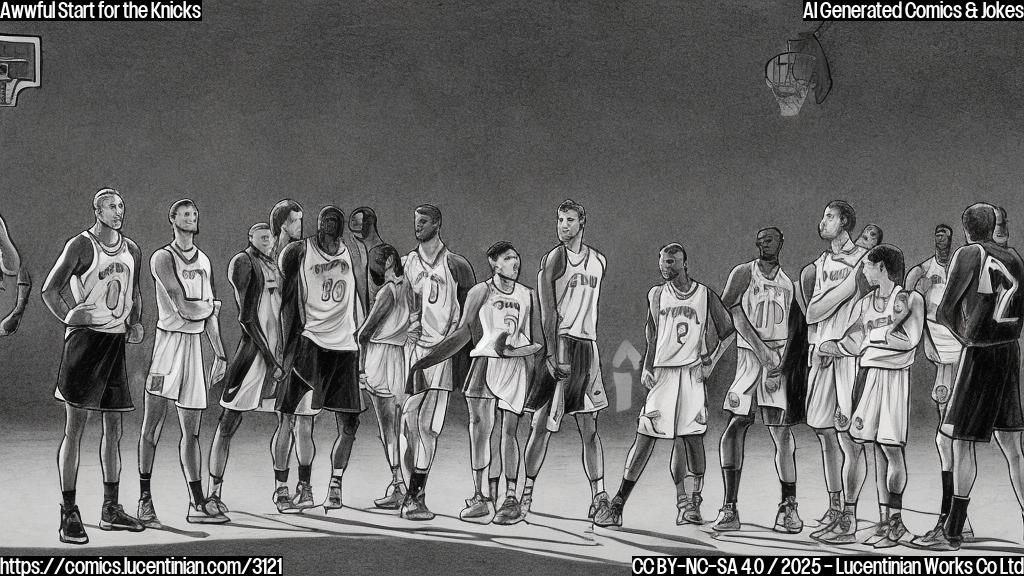 Draw a cartoon of a team in a dark and gloomy arena, with some players looking down at the court, while others look up with disappointed expressions. The team's leader is shown standing alone, looking dejected.