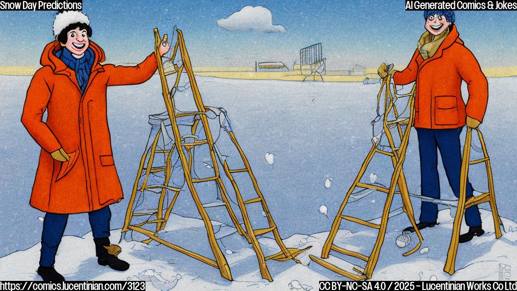 A cartoon of a smiling meteorologist in a winter coat standing next to a football field with a ladder, drawn in a simple, plain color style