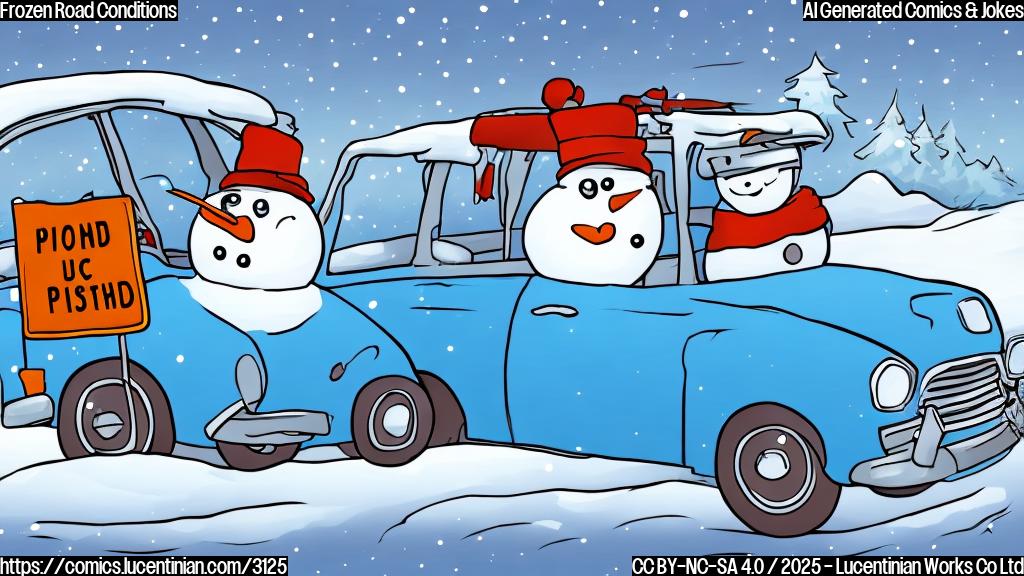 A cartoon snowman in a car, plain color style, with a traffic ticket on the windshield