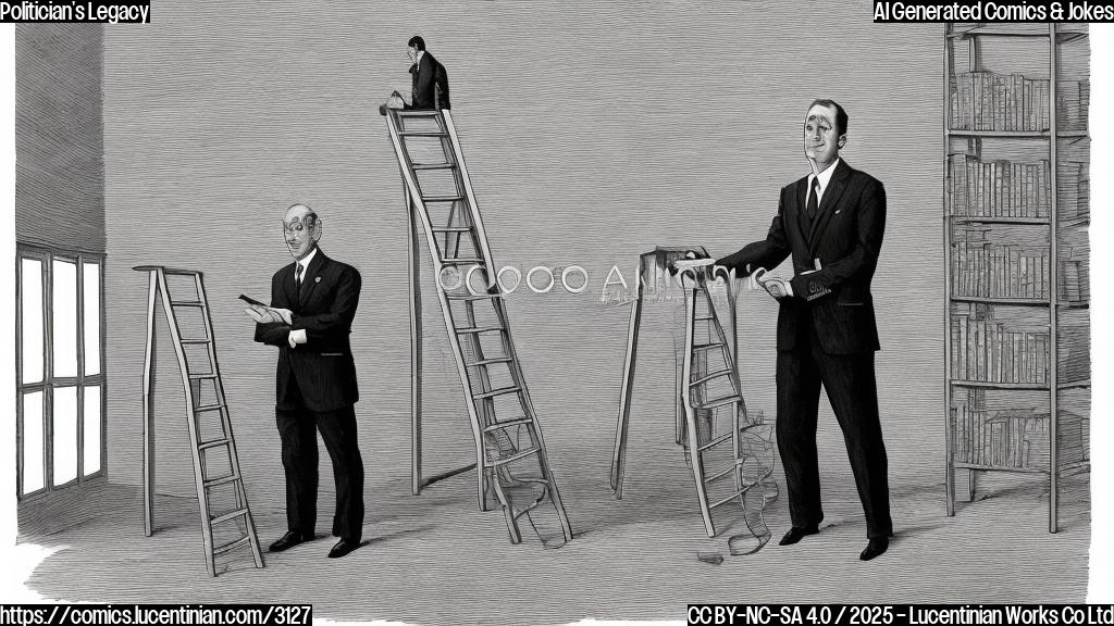 A cartoon drawing in plain colors of a politician standing on a ladder at a press conference. The politician is wearing a suit, and the ladder is tall enough that the politician's head is only just below the ceiling.  The top shelf of a nearby bookcase is visible, and it's overflowing with papers labeled "fact-checking waivers." The background is a simple, light blue color.