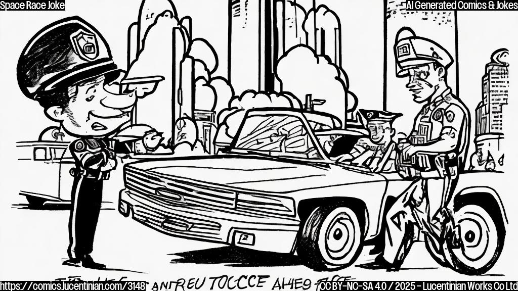 A cartoon drawing of a rocket with a police officer writing a ticket, in a plain color cartoon style.