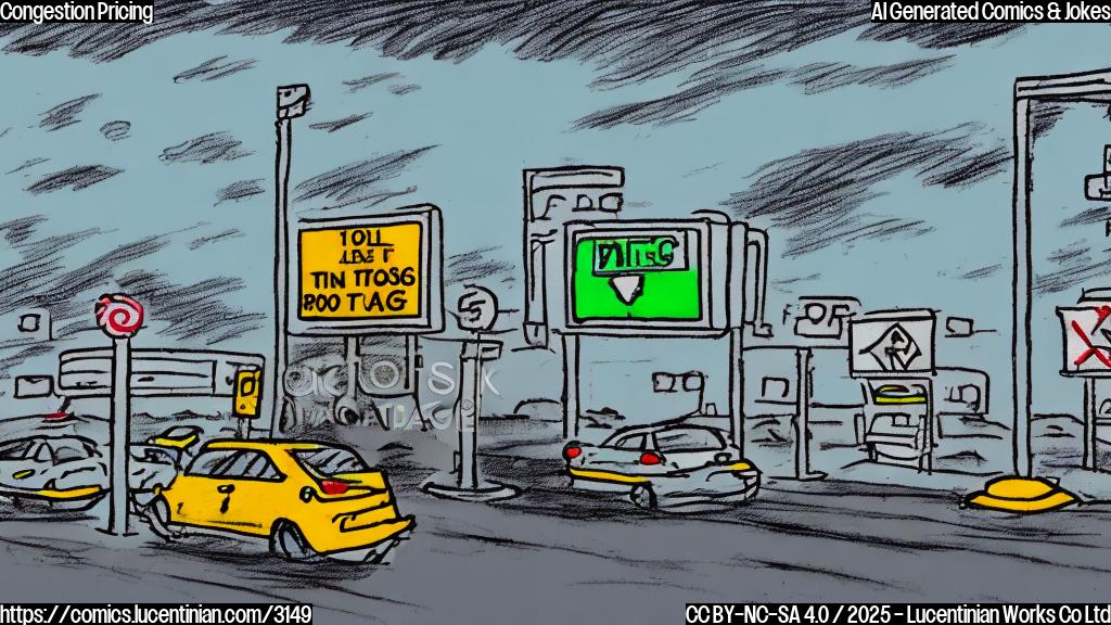 A simple cartoon drawing in plain colors, depicting a person in a car approaching a bridge or tunnel with a large toll booth sign. The car has a New Jersey license plate. The background is a simple cityscape.