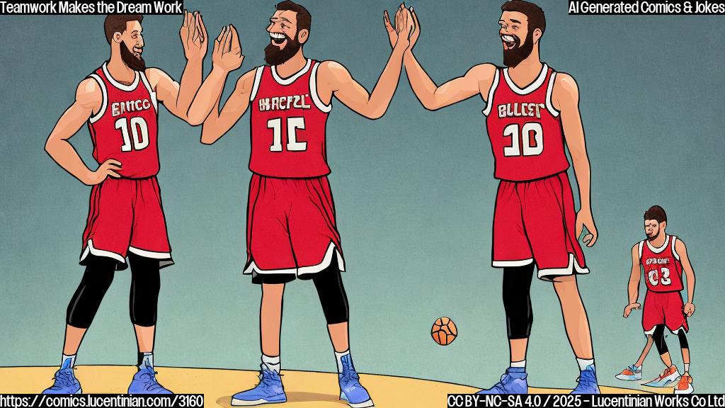 A cartoon drawing in plain color style of two happy basketball players high-fiving each other.  One is taller and has a beard, while the other is shorter and more muscular. Both are wearing basketball uniforms with exaggeratedly large numbers and sweat dripping down their faces. The background is a simple basketball court.