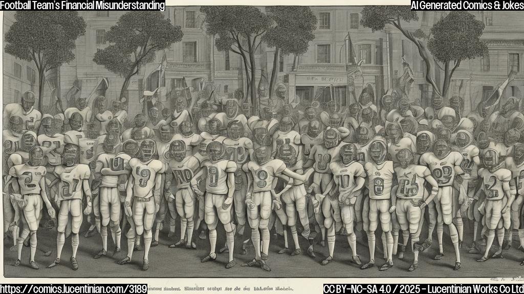 A cartoon drawing of a group of football players in plain uniforms standing confused outside a bank building. The bank building is a simple rectangle with a door and a window. The players are simple shapes with stick limbs.  The scene is in plain color, no background.