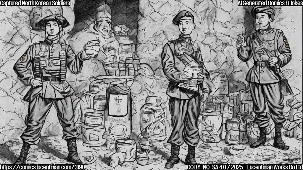 A simple cartoon drawing in plain colors of two cartoon soldiers with asian features wearing military uniforms, looking surprised and holding jars of kimchi, standing in front of a Ukrainian soldier with a friendly expression, all set against a plain background