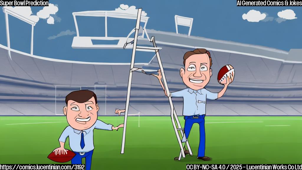 A simple cartoon of a sportscaster with a ladder and a football stadium in the background. Use only solid colors and a plain style.