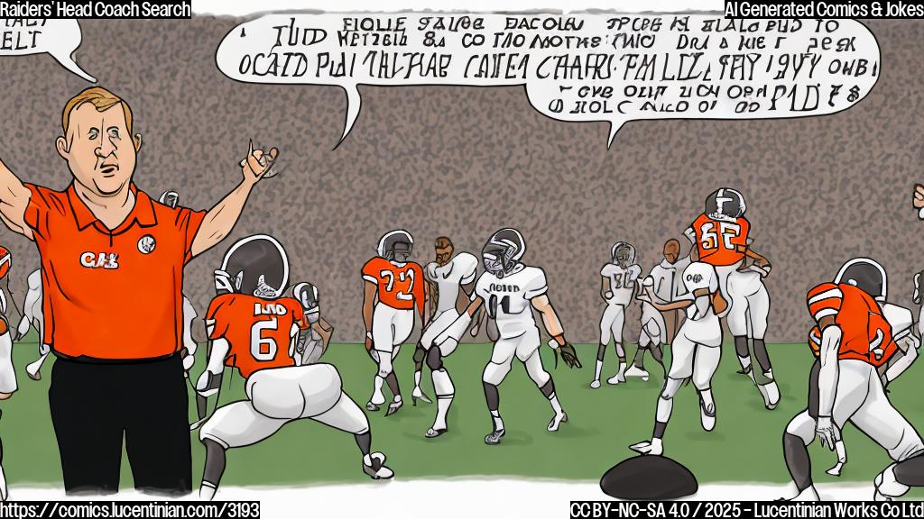 A simple cartoon of a confused-looking football coach with a speech bubble saying "Johnson" next to him and a cartoon of several other coaches pointing in various directions, all with a plain pale orange color background.