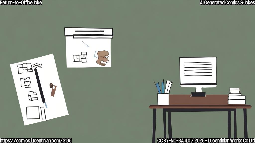 A plain color cartoon illustration of a simple office workspace.  A single stressed-looking person sits at a desk with a laptop and a pile of papers in front of them.  The background shows a large "OFF" button with a seaweed-like texture. The color scheme is a muted green and brown.