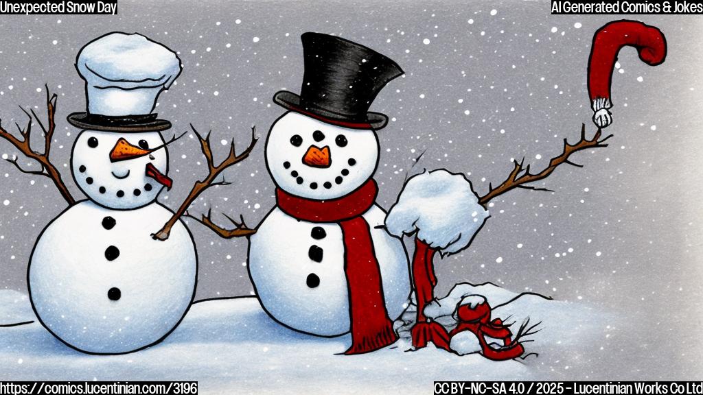 A simple cartoon drawing of a snowman in a suit, looking sad and melting slightly.  Plain color style. Background is plain white.