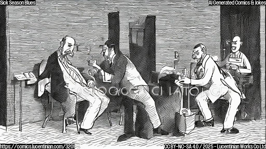 A simple cartoon drawing of a doctor looking unimpressed, shaking his head while a patient sits coughing on an examination table in a plain white room.