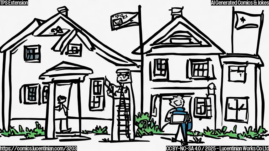 A simple cartoon drawing of a person carrying a ladder in front of a large building with a flag on the top.  Use only solid colors, no shading. The cartoon style should be simple and flat, like children's drawings. The person and the building should be easily distinguishable, but no specific details are needed.