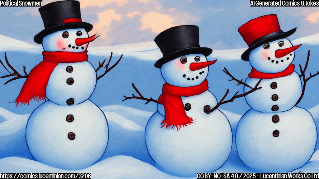 Two snowmen, one wearing a red tie and the other wearing a blue tie, standing in a snowdrift, having a conversation.  Plain color cartoon style.