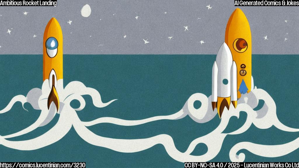 A cartoon drawing of a rocket in the ocean, plain color style. The rocket is smiling. The waves are calm.