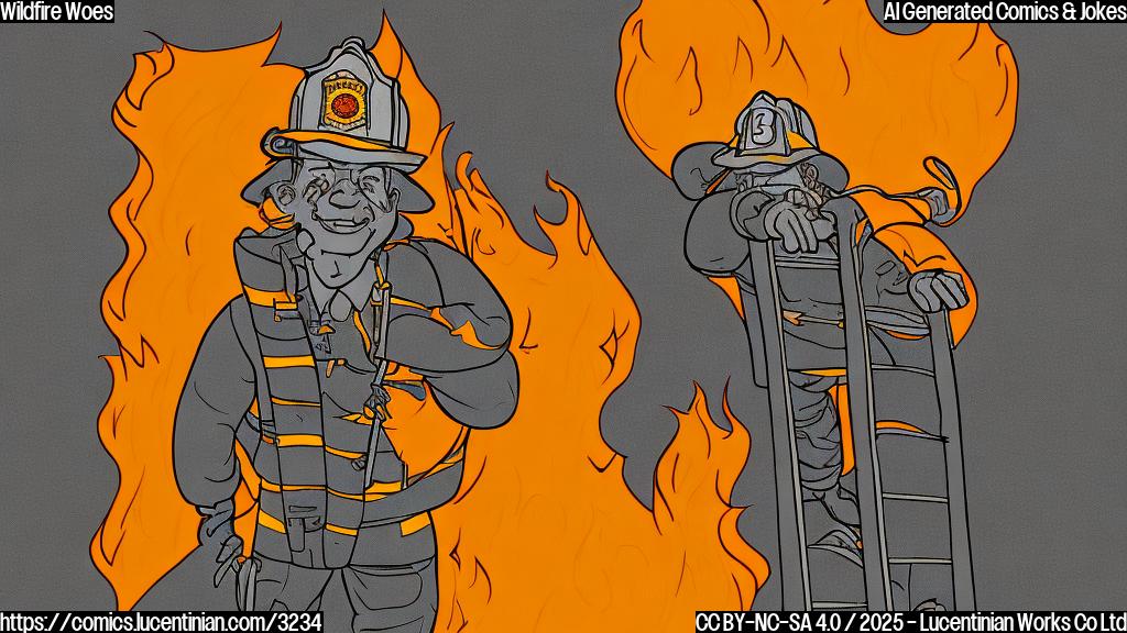 A cartoon drawing of a firefighter with a determined expression, climbing a ladder towards large stylized flames in a plain orange and yellow background. The style should be simple, flat color, and no gradients.