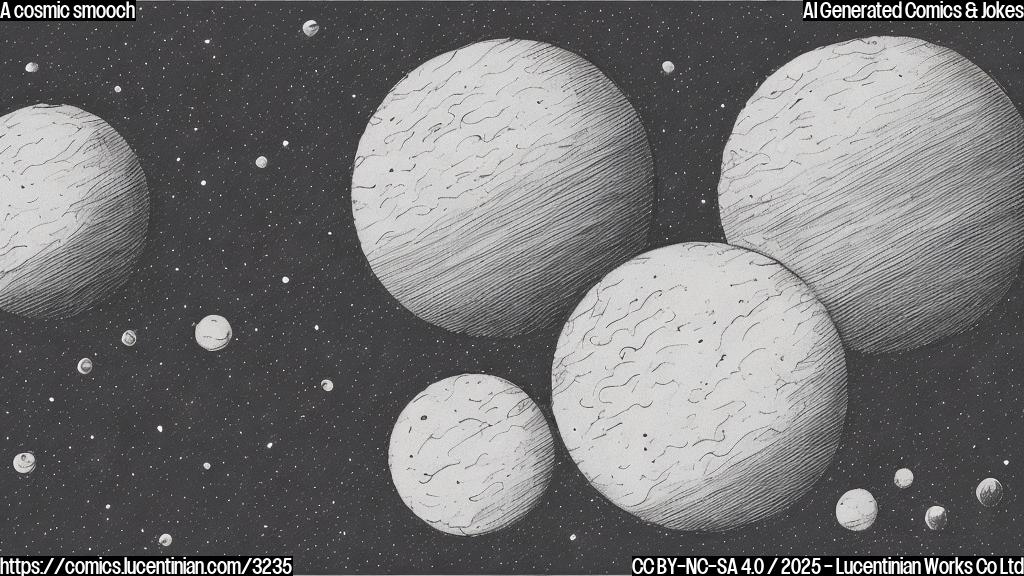 A cartoon drawing in plain colors of two round celestial bodies of different sizes, one slightly larger than the other, gently touching each other with a blushing expression, set against a dark background. The style is simple and child-like, emphasizing the cute aspects of the collision.