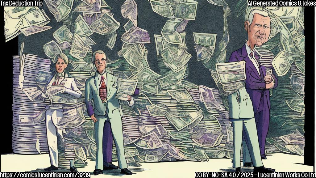 A cartoon drawing in flat color style of three politicians, looking anxious and pleading, standing in front of a large cartoonish figure wearing a suit, who is sitting on a large pile of dollar bills. The background is plain.