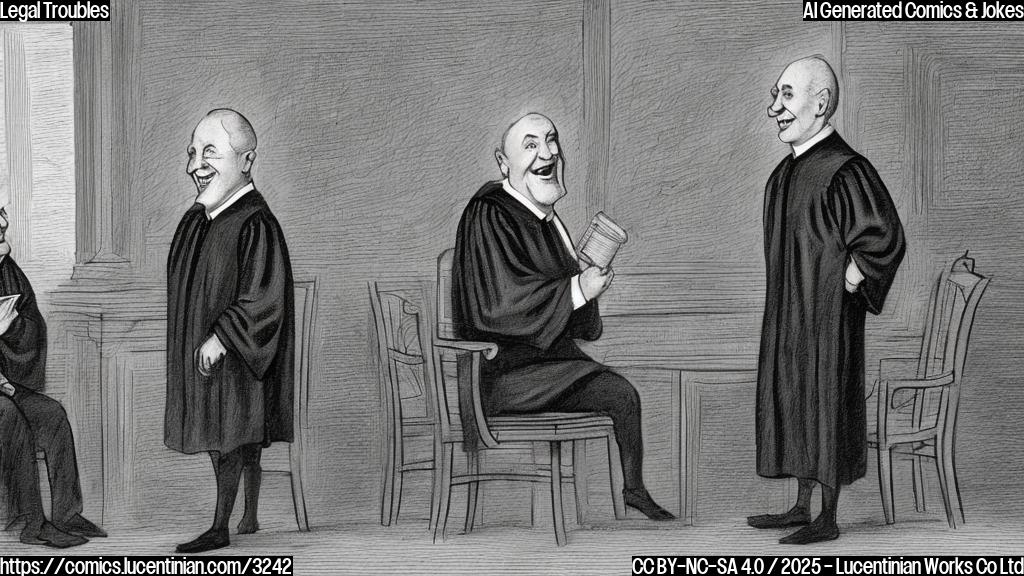 A cartoon drawing of a judge in a plain gavel, sitting on a plain chair in a plain courtroom. The judge is smiling kindly to a defendant who is standing. A bright light is shining from behind the judge.