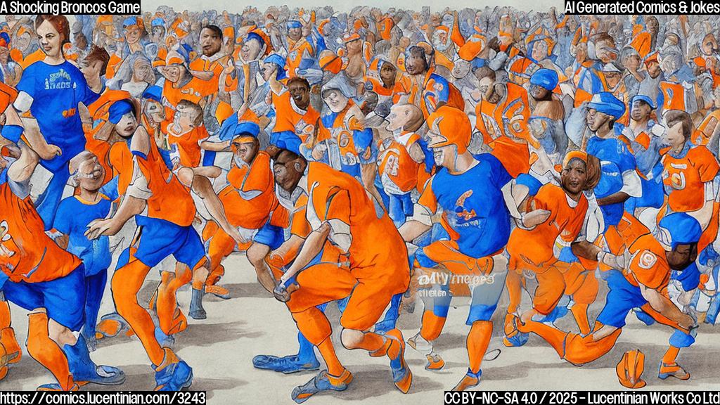 A cartoon of a group of happy people in orange and blue clothing carrying a ladder into a stadium.  Plain colors, simple style.