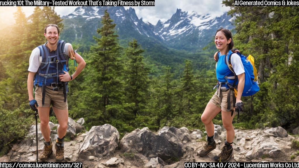 Describe an energetic, smiling human in their 30s wearing a pair of sturdy hiking boots and a weighted backpack on a rugged outdoor trail with a scenic mountain range in the background. The human has a few sweat drips on their forehead and a confident expression on their face.