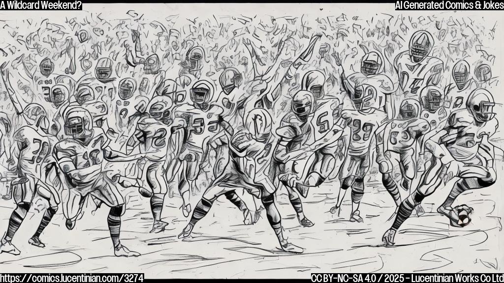 A simple cartoon drawing in a single color, depicting two football players, one looking surprised and the other looking gleeful, on a chaotic football field with abstract lines indicating motion.