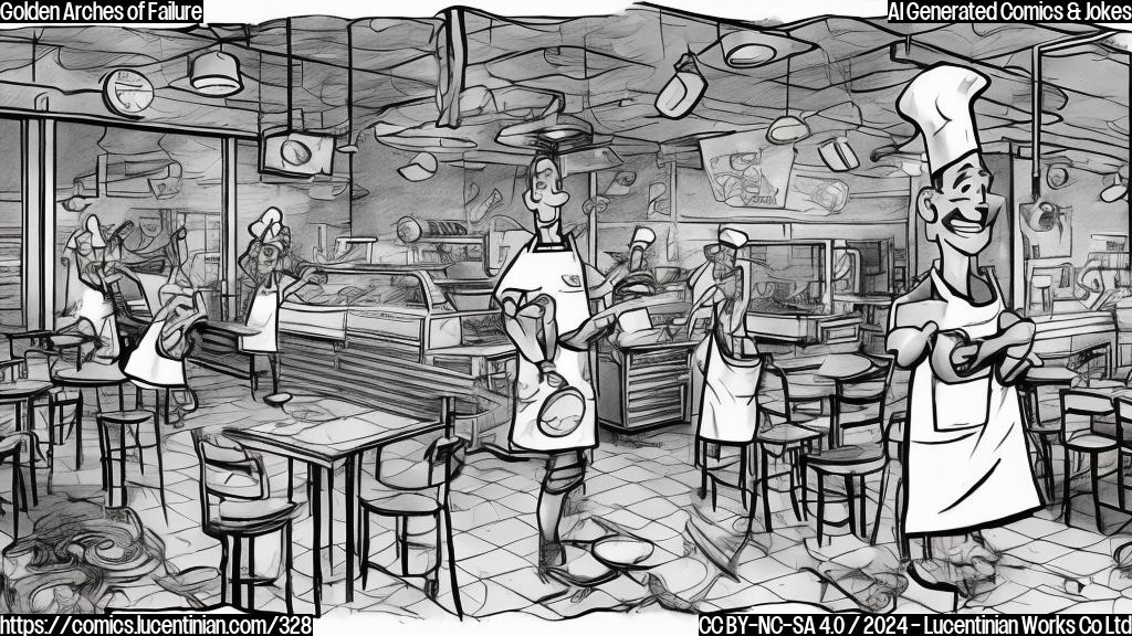 Draw a cartoon of a person in a McDonald's uniform with a messy apron, standing under a fryer with a ladder leaning against it, and a puzzled expression on their face. The background should be a chaotic kitchen with dirty dishes and utensils scattered around.