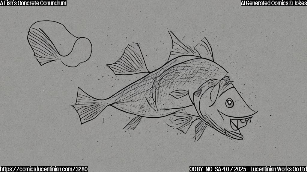 A cartoon drawing of a fish with a surprised expression bumping into a grey concrete wall. Simple color scheme, plain background.