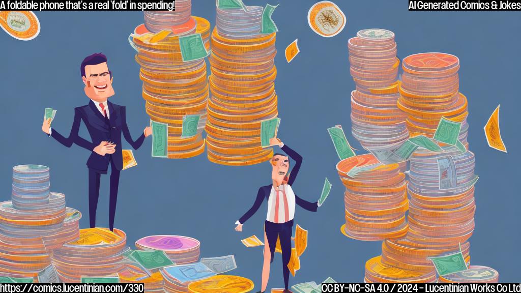 Colorful illustration of a wealthy individual holding a giant wallet and standing in front of a luxury item, with a ladder leaning against a stack of money next to them. The background should be a blurred cityscape or a high-end office setting.