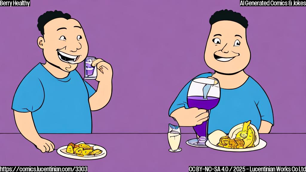 A simple cartoon of an overweight person happily drinking a glass of purple juice. The style should be simple and flat, with only a few colors. The background should be a plain light yellow.