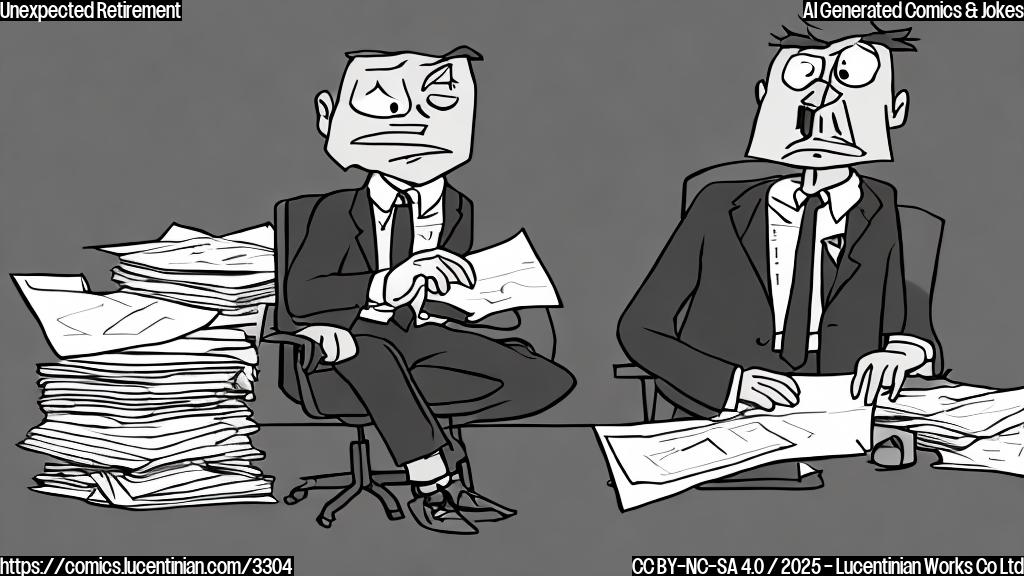 A simple cartoon drawing of a person in a suit and tie, looking very tired and slumped over in a chair, with a pile of papers next to them. The style should be plain and use only a few colors, such as black, white, and gray, to make the illustration simple and easy to read. The scene should convey a sense of exhaustion and stress, focusing on the character's tired appearance and the overwhelming stack of paperwork, without depicting any recognizable individuals or copyrighted logos or trademarks.