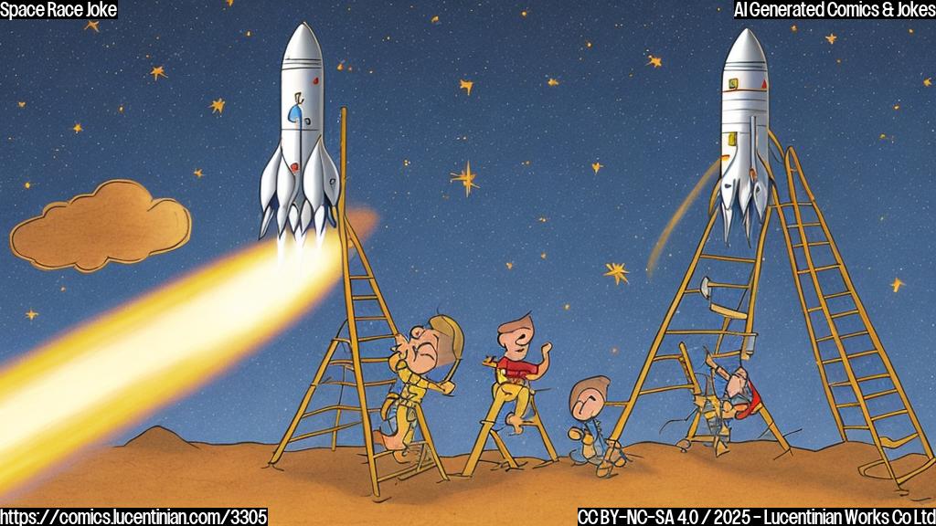 A cartoon drawing of a rocket blasting off into space. A simple ladder is leaning against the rocket, a small astronaut is holding the ladder with a simple smile.