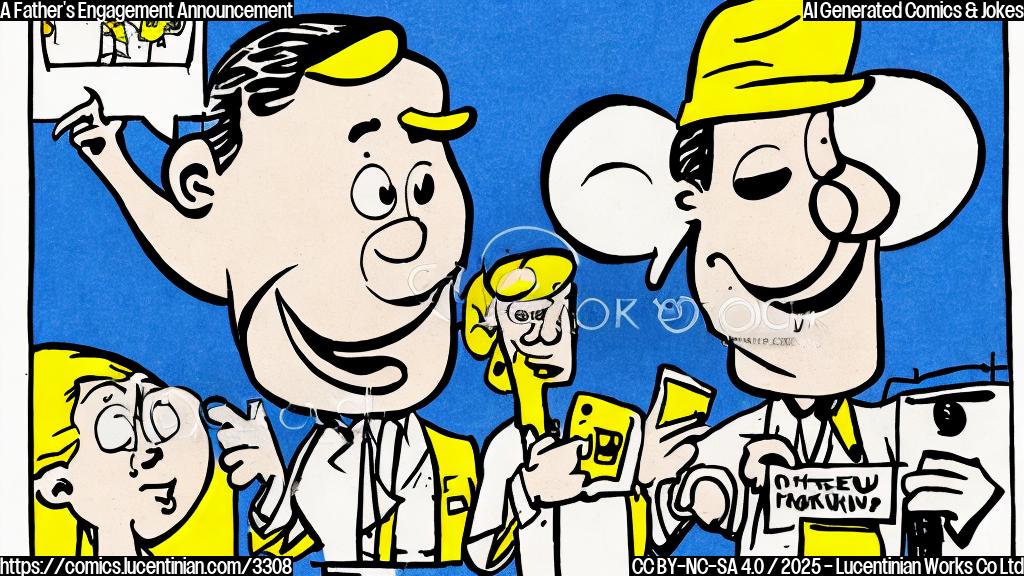 A simple cartoon drawing of a father with a surprised expression, pointing to a phone showing a happy couple's picture. The background is a plain light-blue color.  Use only plain colors, no gradients. The drawing style should be simple, similar to classic comic strips.