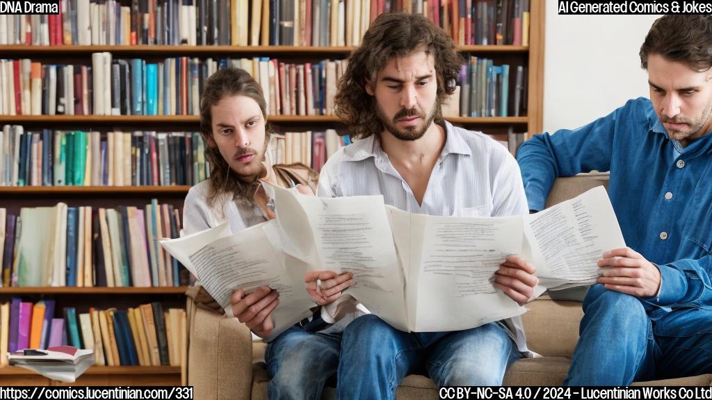A person is sitting on a couch, looking confused. They have a few DNA testing results papers scattered around them. The person's hair is messy, and they're wearing a worried expression. In the background, there's a bookshelf with books on genetics and psychology.